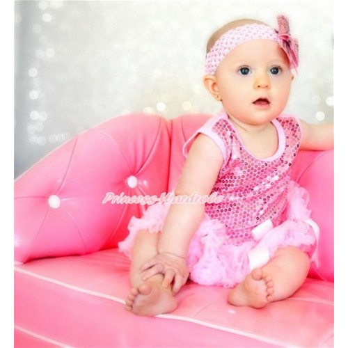 Valentine's Day Light Pink Sparkle Sequins Baby Bodysuit Light Pink Pettiskirt & Bow & Light Pink Headband Sparkle Sequins Bow JS2785 